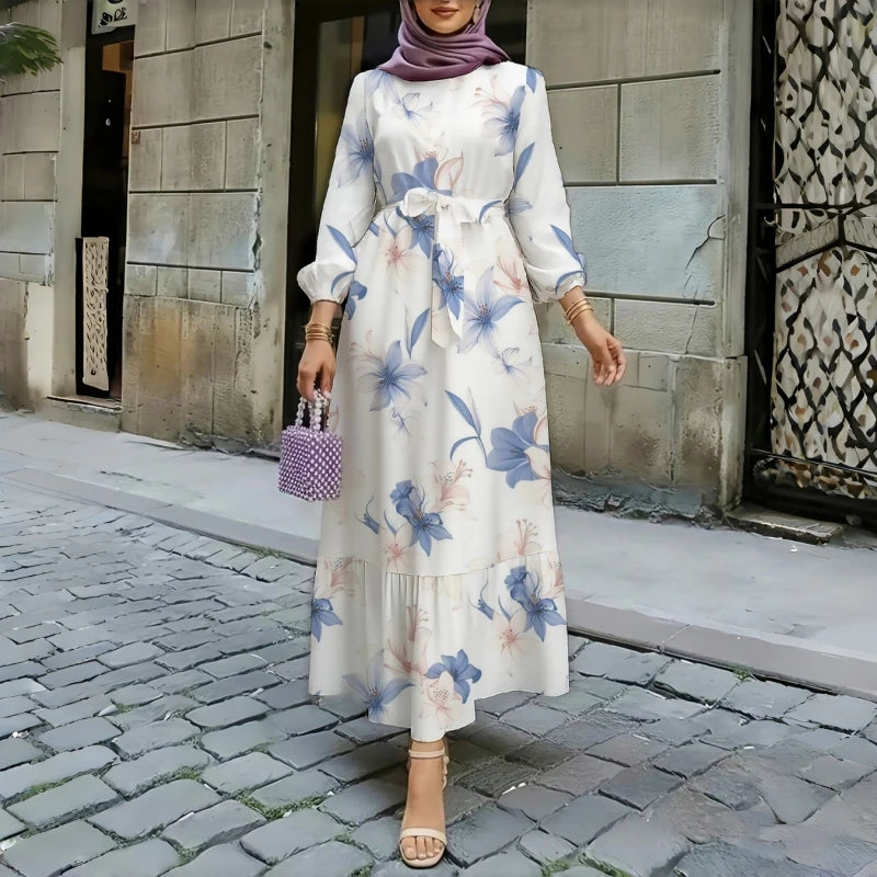 Floral Print Round Neck Ruffle Hem Modest Maxi Dress