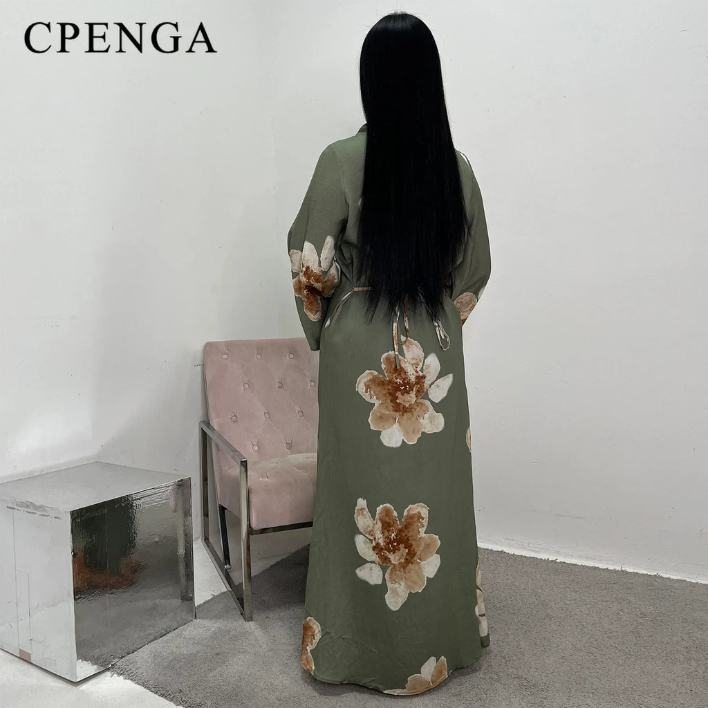Arabesque Bell Sleeve Floral Print Maxi Abaya Dress