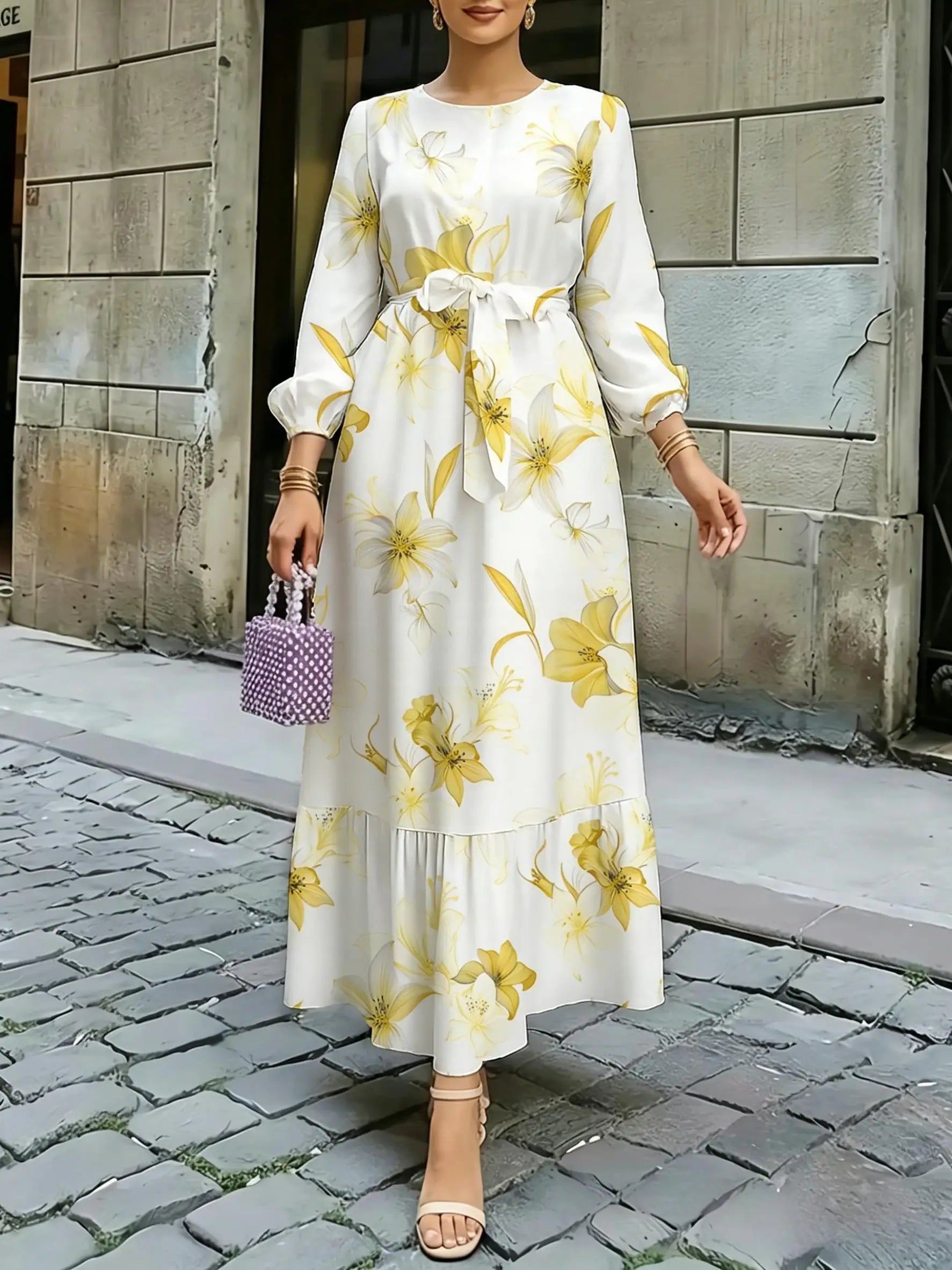 Floral Lantern Sleeve Long-Sleeve Maxi Dress
