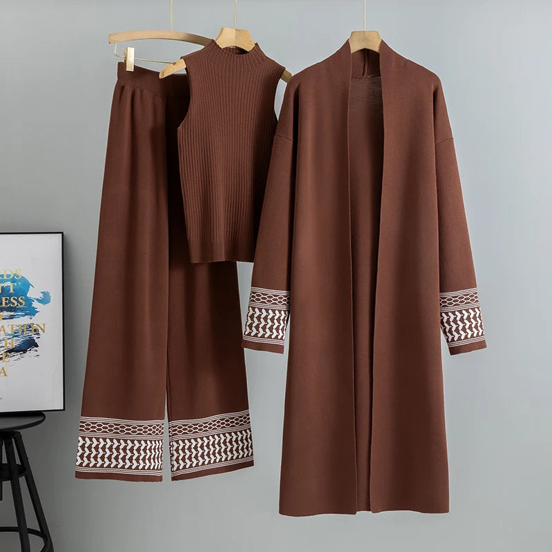 Plaid 3-Piece Set – Elegant Knit Top & Wide-Leg Pants