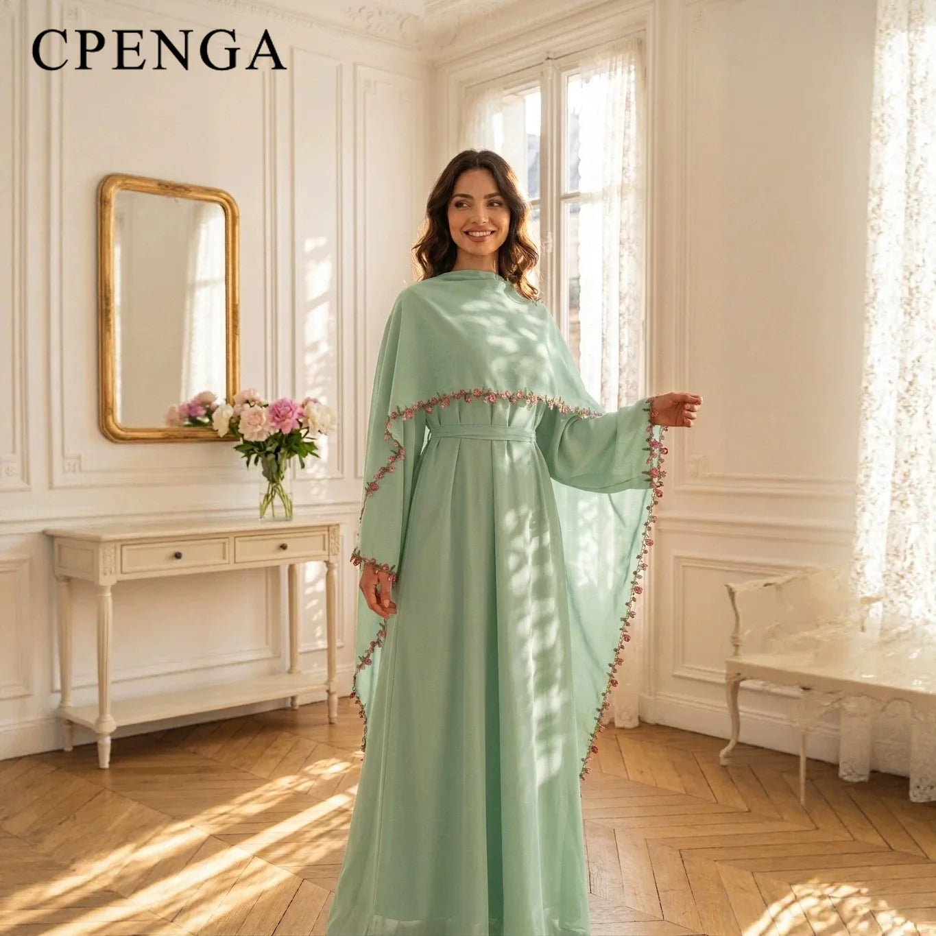 Rose Floral Trim Dubai Abaya with Hijab