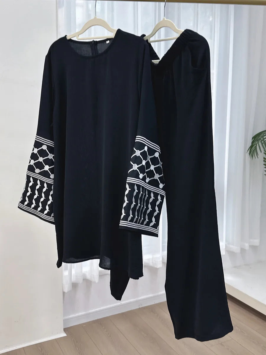 Muslim Abayas For Women Middle East Turkish Embroidery Top Plus Wide-Leg Long Pants Two-Piece Set Ramadan Islam Clothing Set