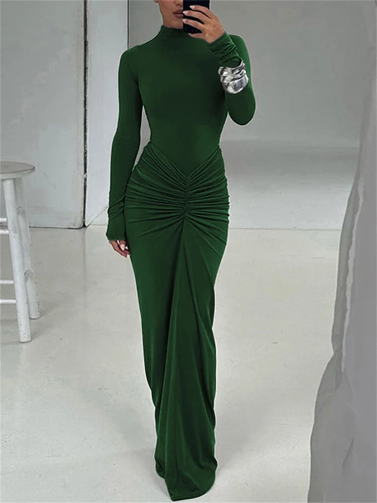 Long Sleeve Ruched Bodycon Maxi Dress