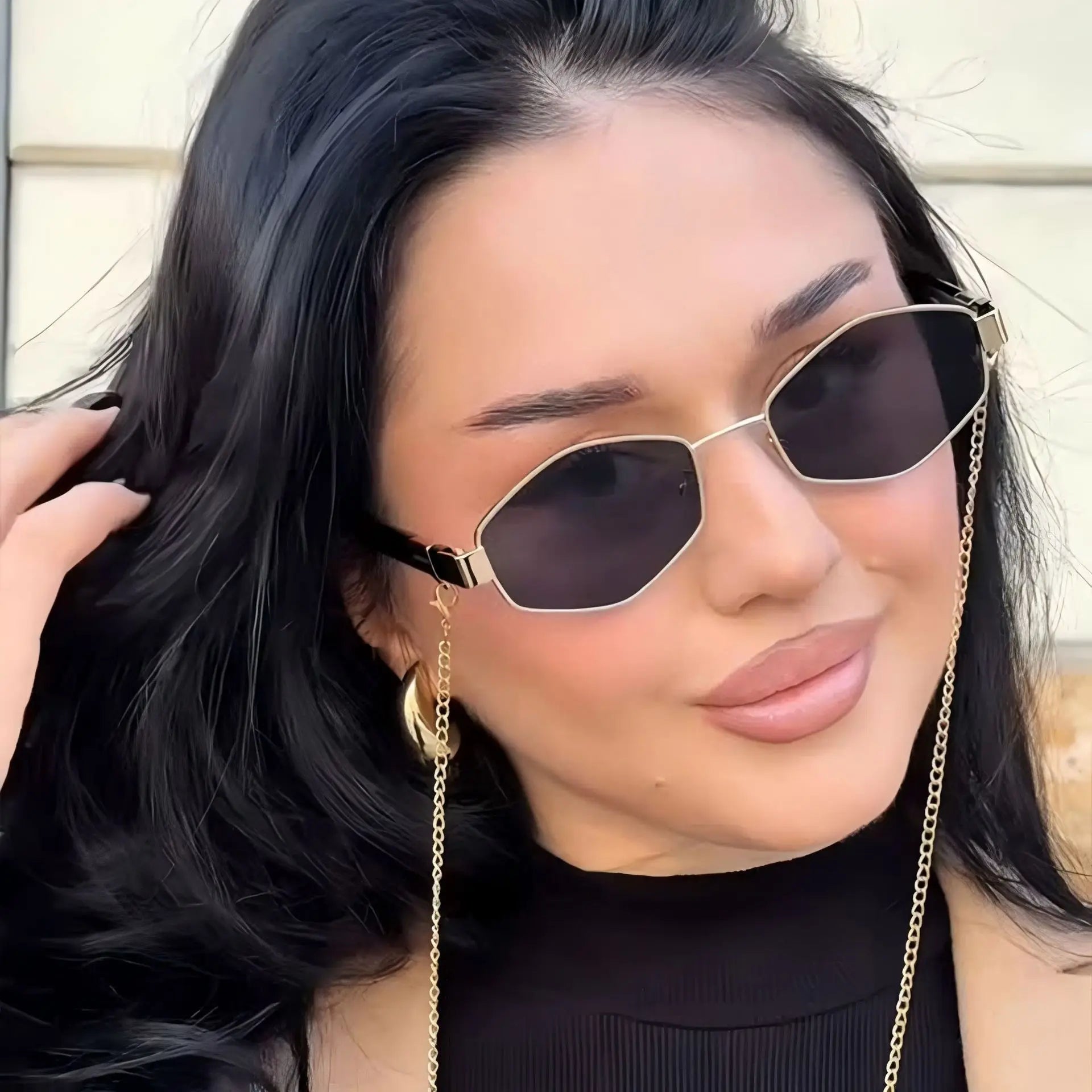 Fashionable Polygonal Metal Sunglasses For Women, Retro Personalized Street Style Sunglasses, Outdoor Casual Chain Sunglasses