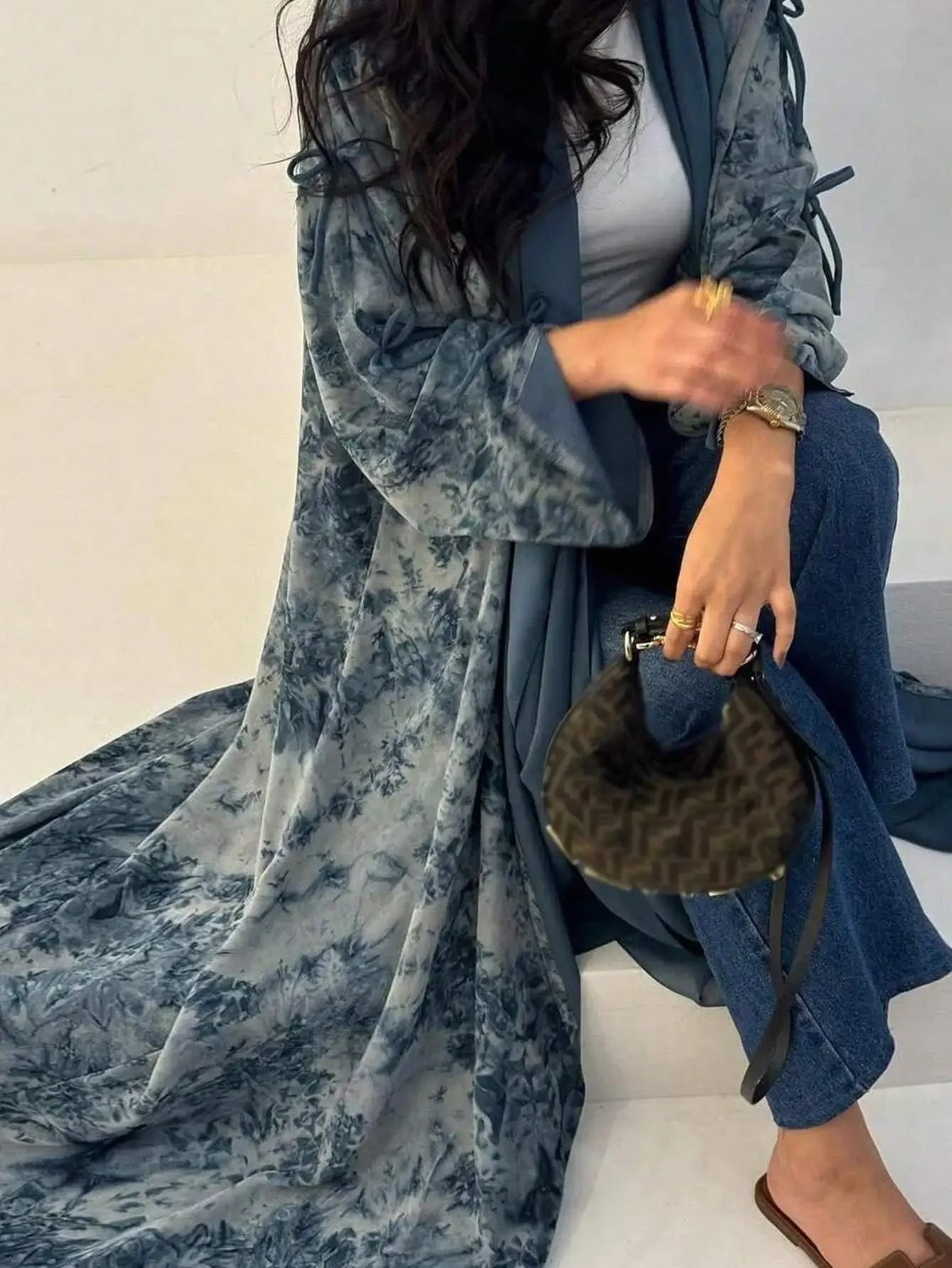 Tie Dye Loose Open-Front Kaftan Abaya Maxi Dress