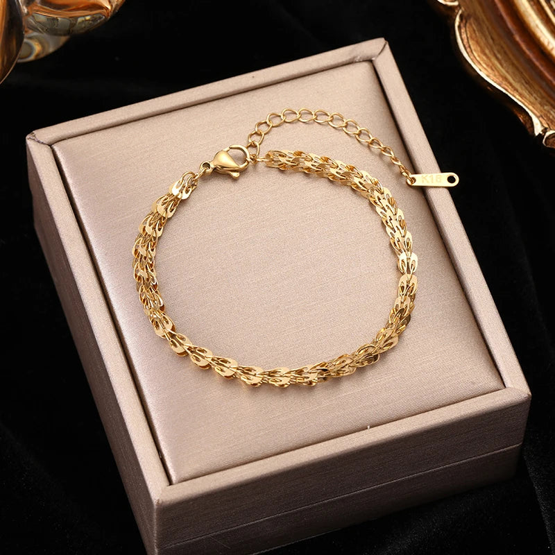 EILIECK 316L Stainless Steel Metal Gold Color Wheat Chain Necklace Bracelets Set For Women Trendy Waterproof Jewelry Lady Gift