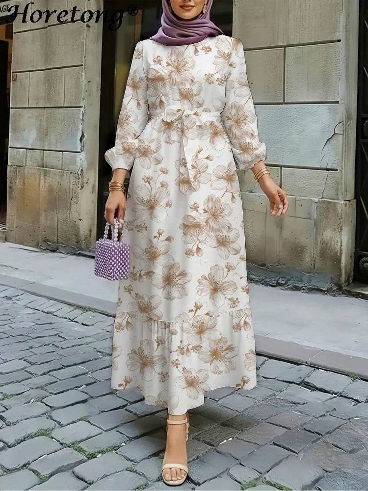 Floral Print Round Neck Ruffle Hem Modest Maxi Dress