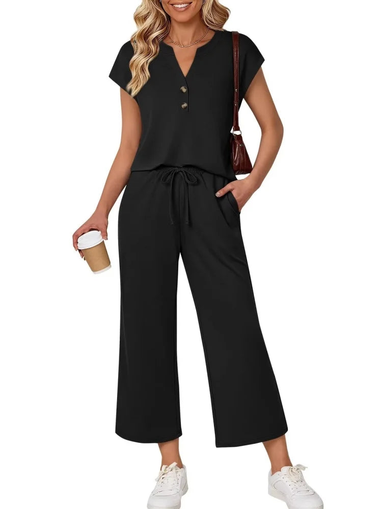 V-Neck T-Shirt & Wide Leg Capri Pants Set