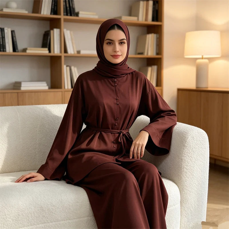 New Elegant Women Buttons Tops and Pants Muslim Set Dubai Abaya Kaftan Islam Clothing Modest Tracksuit Femme Musulmane Ensembles