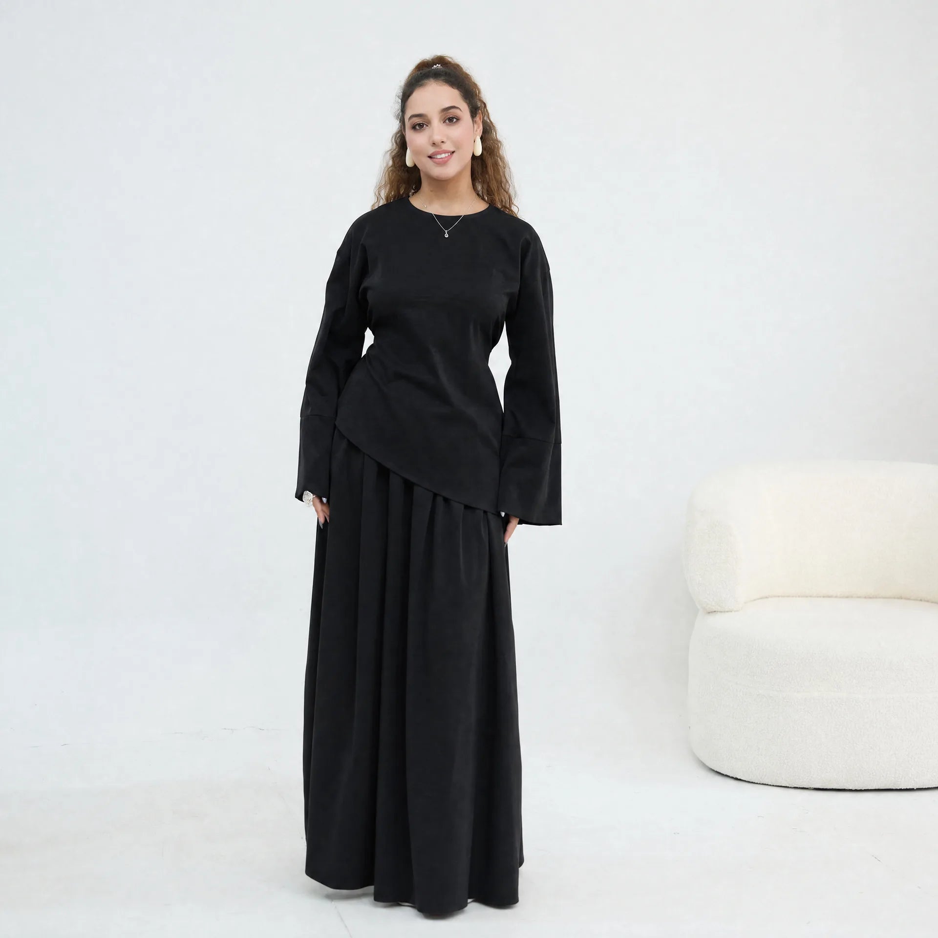Elegant Women's 2 Piece Abaya Set Muslim Clothing Long Sleeve Top and Pleated Skirt Islamic Traditional Matching Turkey Outfit