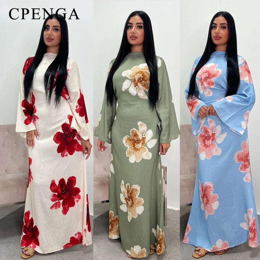 Arabesque Bell Sleeve Floral Print Maxi Abaya Dress