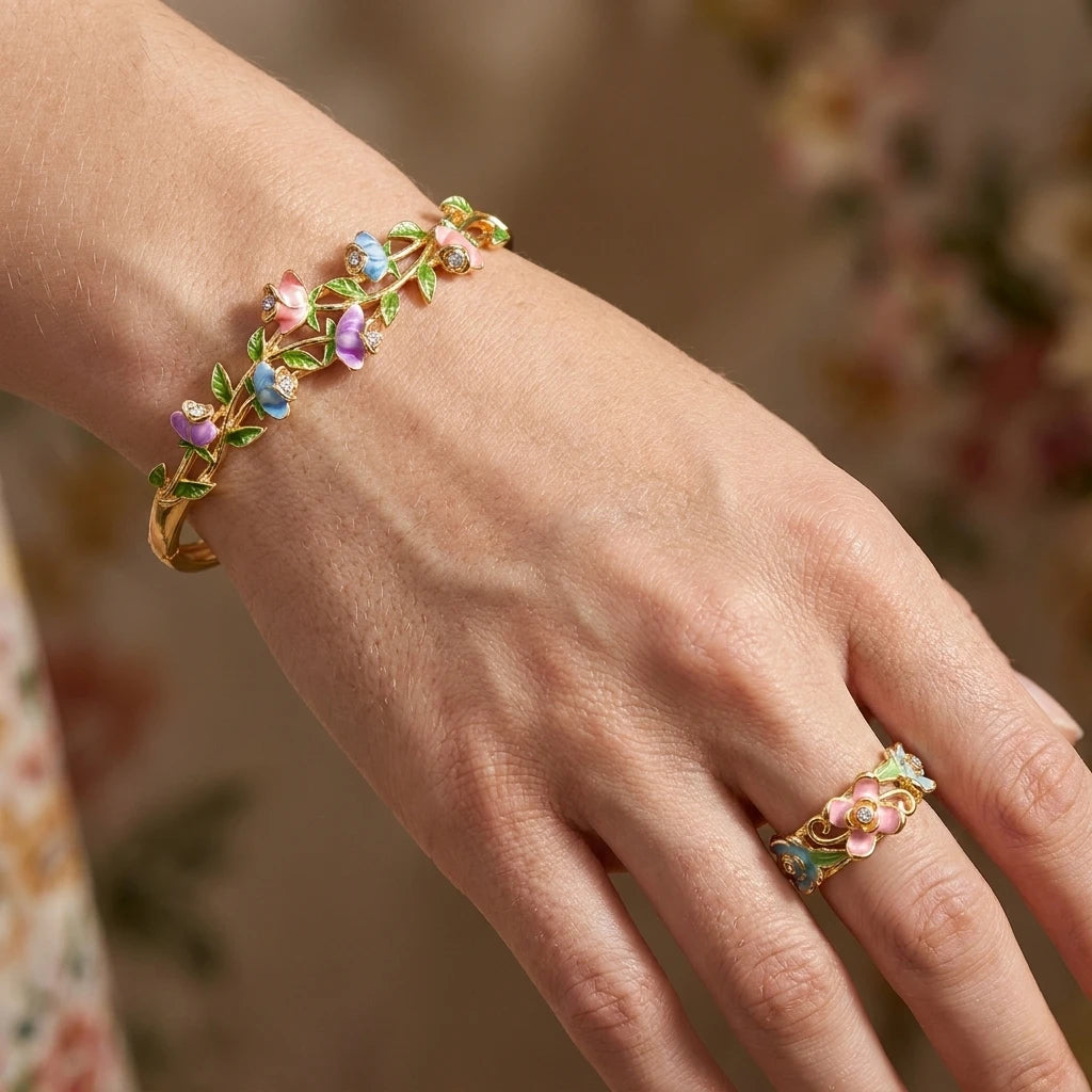 Enamel Flower Copper Bangle Bracelet