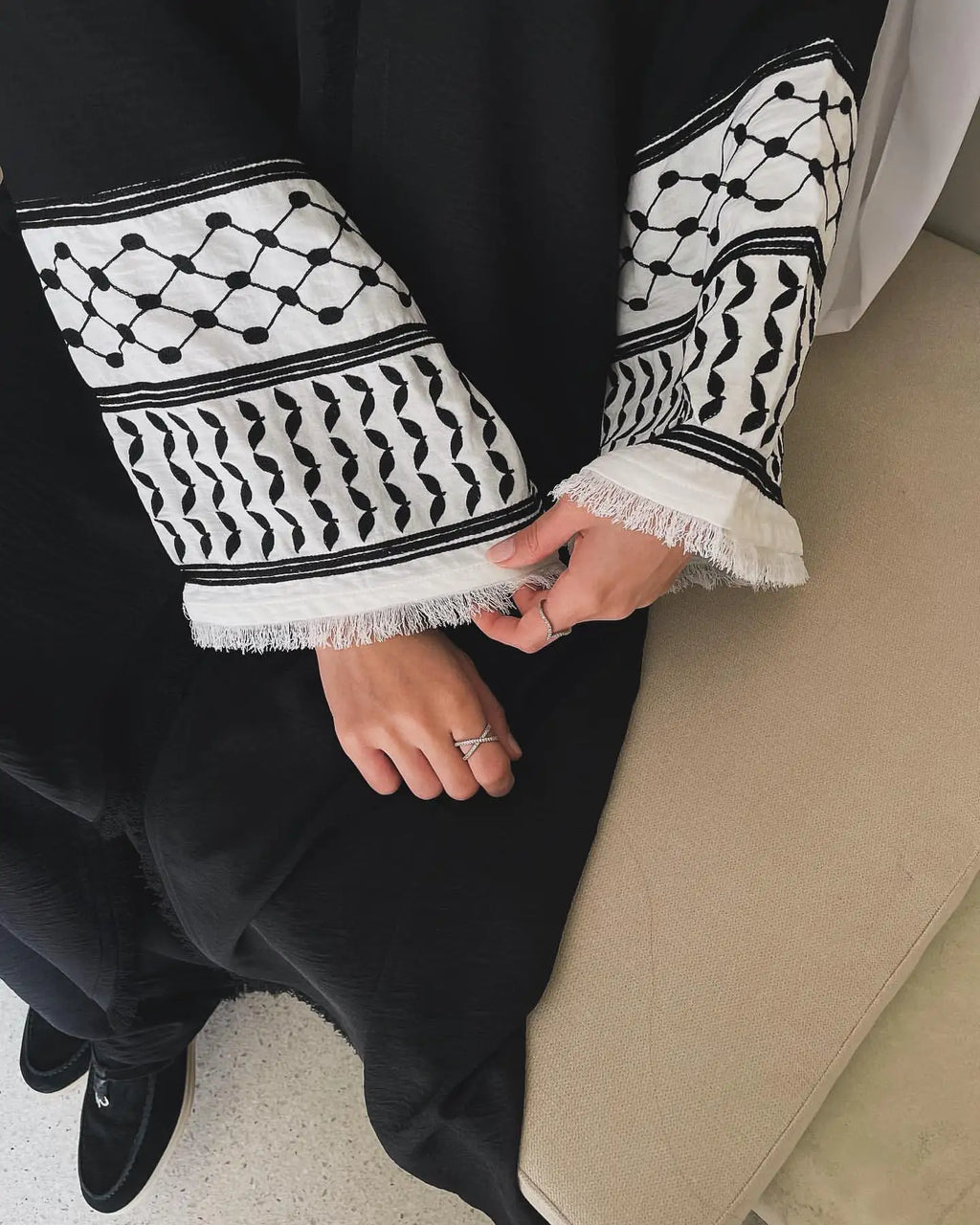 Black & White Embroidery Tassel Kimono Abaya