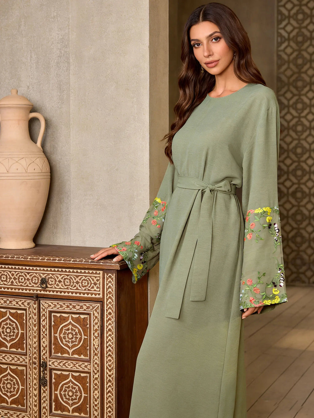 Olive Green Floral Sleeve Embroidered Abaya