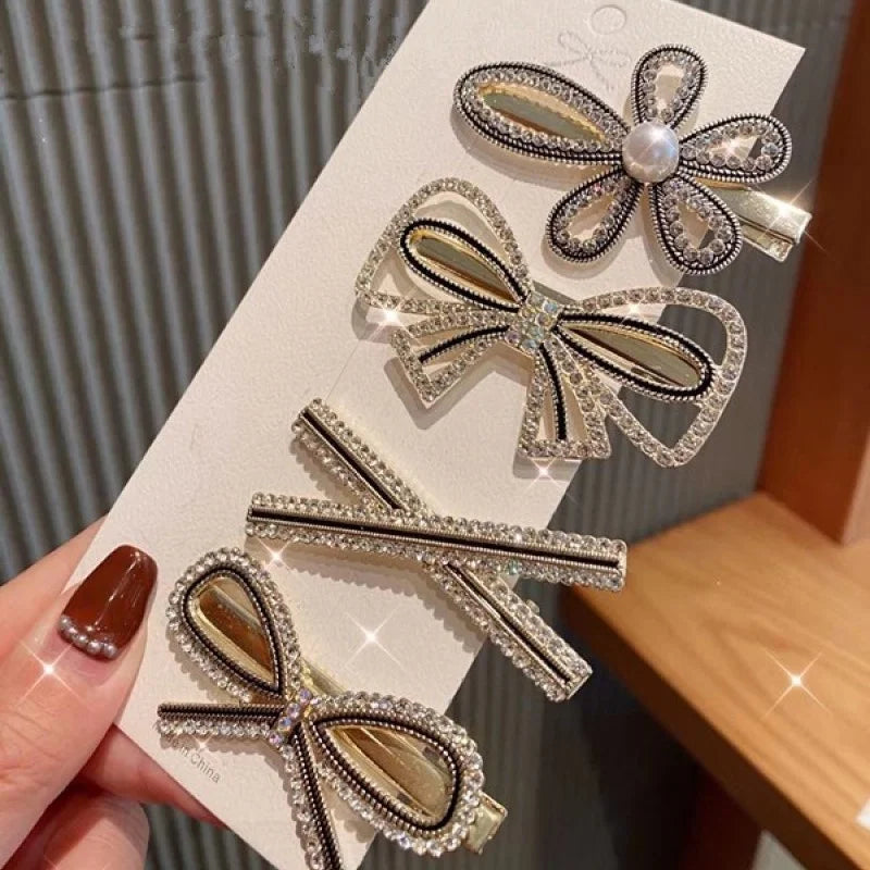 Handmade Pearl & Rhinestone Flower Hair Clips Set