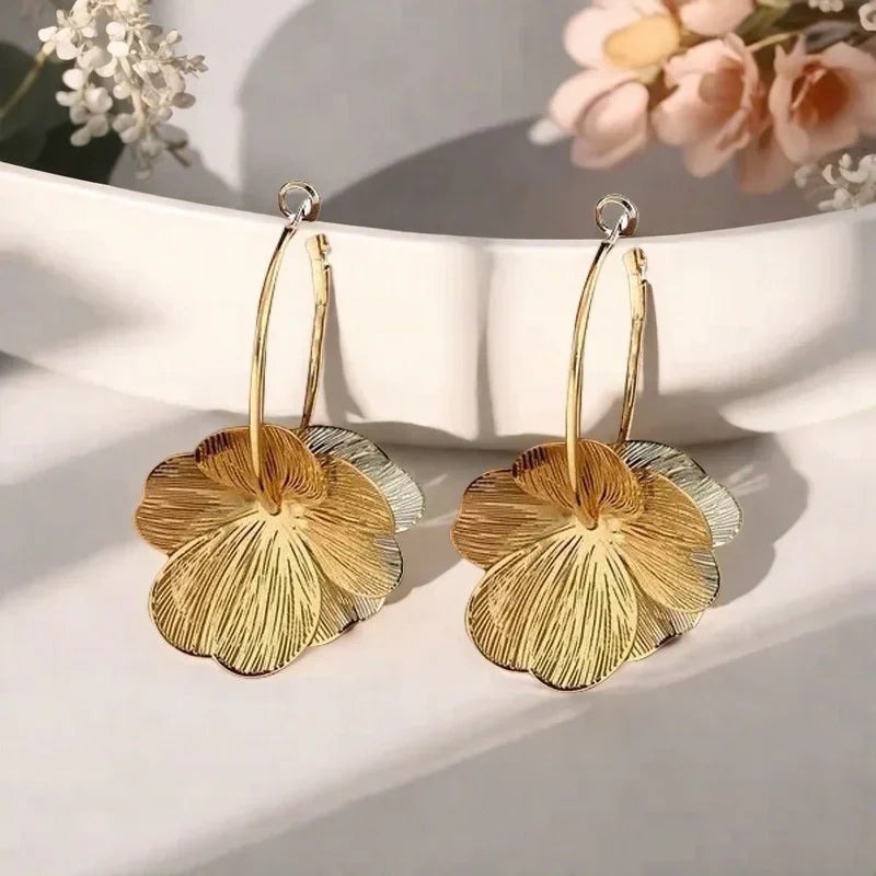 Golden Double-Layer Hollow Flower Hoop Earrings