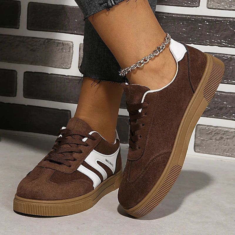 Faux Suede Brown Platform Sneakers Women 2026 Spring Non Slip Flat Heels Casual Walking Shoes Woman Thick Sole Vulcanize Shoes