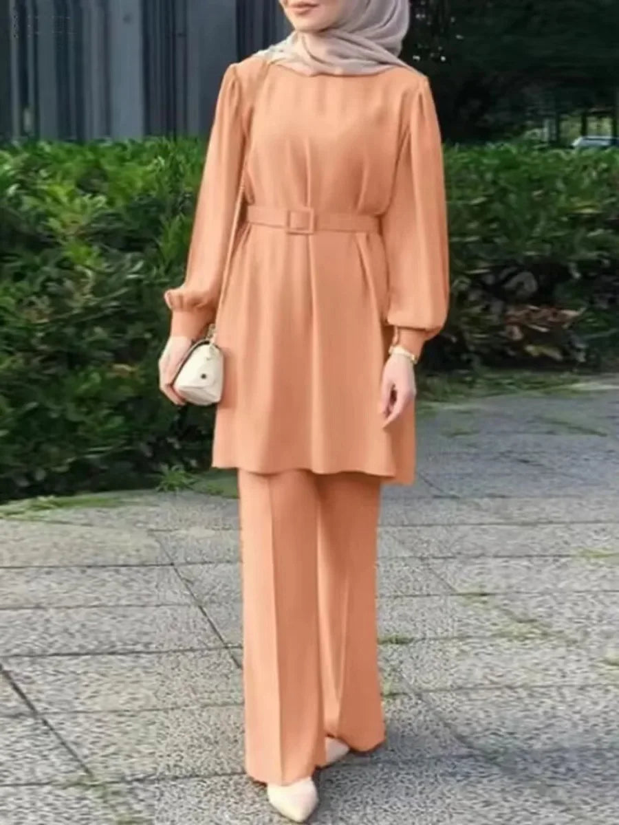 Lace-Up Blouse & Wide Leg Pants Abaya Set