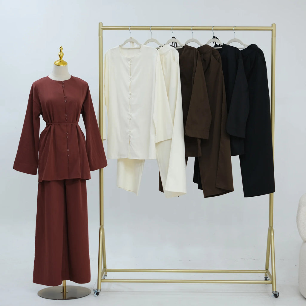 New Elegant Women Buttons Tops and Pants Muslim Set Dubai Abaya Kaftan Islam Clothing Modest Tracksuit Femme Musulmane Ensembles