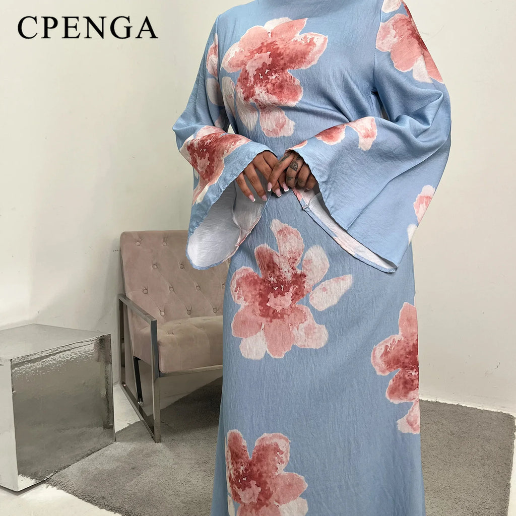 Arabesque Bell Sleeve Floral Print Maxi Abaya Dress