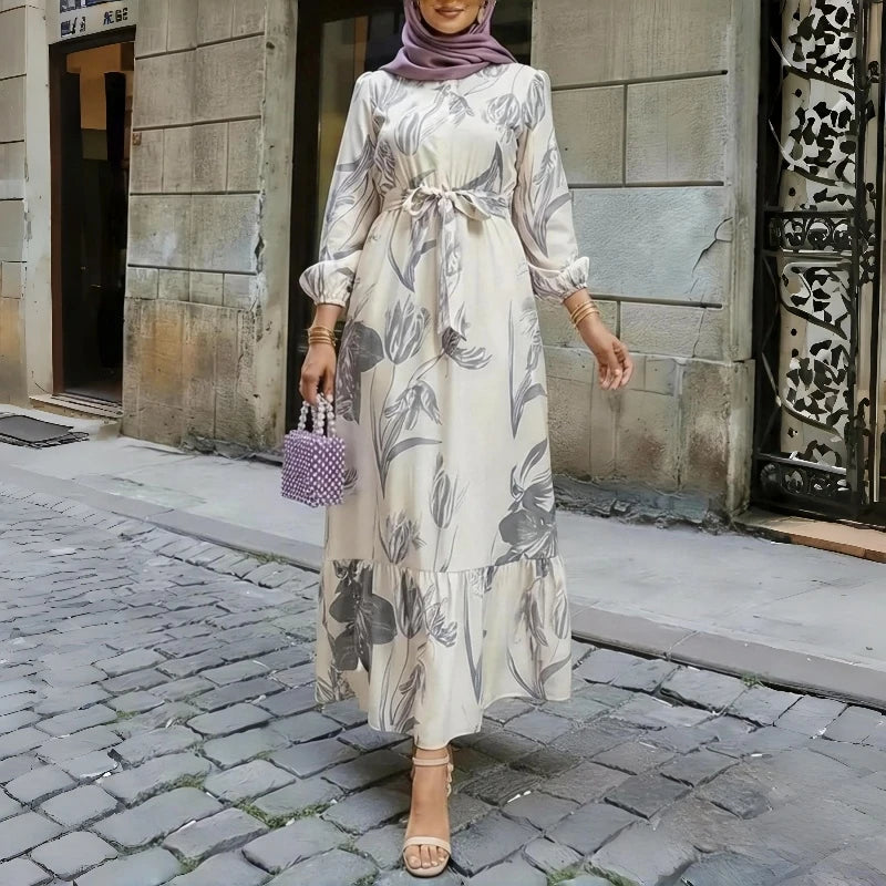 Floral Print Round Neck Ruffle Hem Modest Maxi Dress