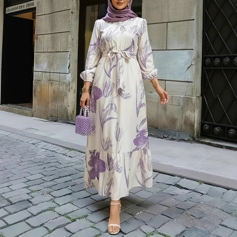 Floral Print Round Neck Ruffle Hem Modest Maxi Dress