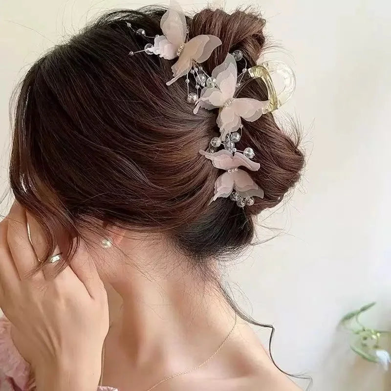 Sheer Butterfly Pearl Rhinestone Hair Claw