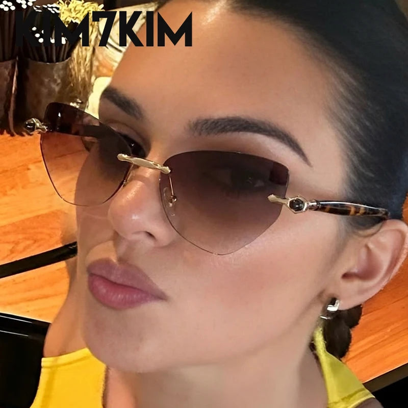 Vintage Rimless Cat Eye Sunglasses Women 2026 Luxury Brand Trendy Punk Polygon Sun Glasses For Lady Retro Outdoor Eyewear Shades