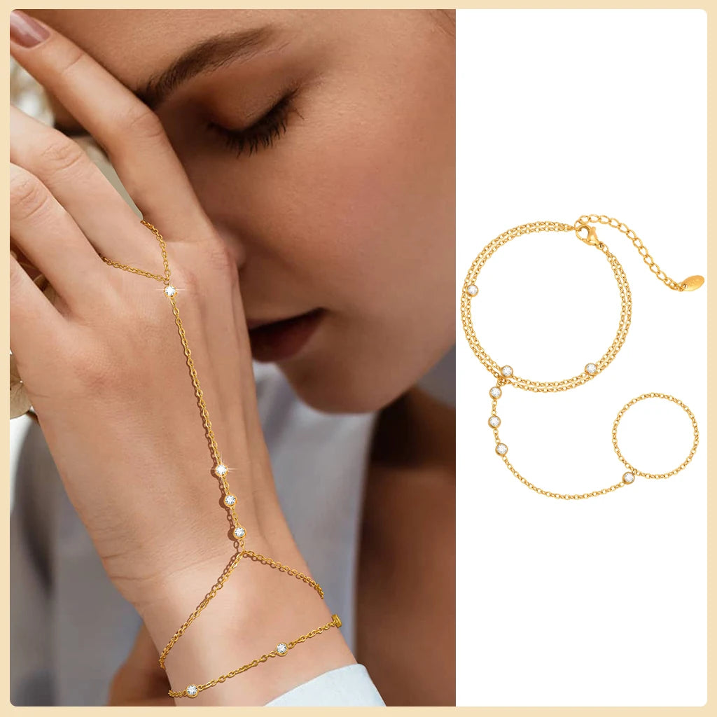 Gold Double Layer Hand Chain Ring Bracelet
