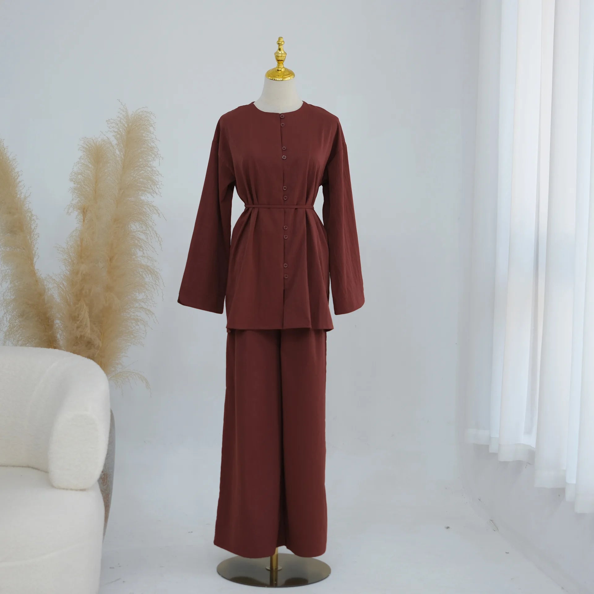 New Elegant Women Buttons Tops and Pants Muslim Set Dubai Abaya Kaftan Islam Clothing Modest Tracksuit Femme Musulmane Ensembles