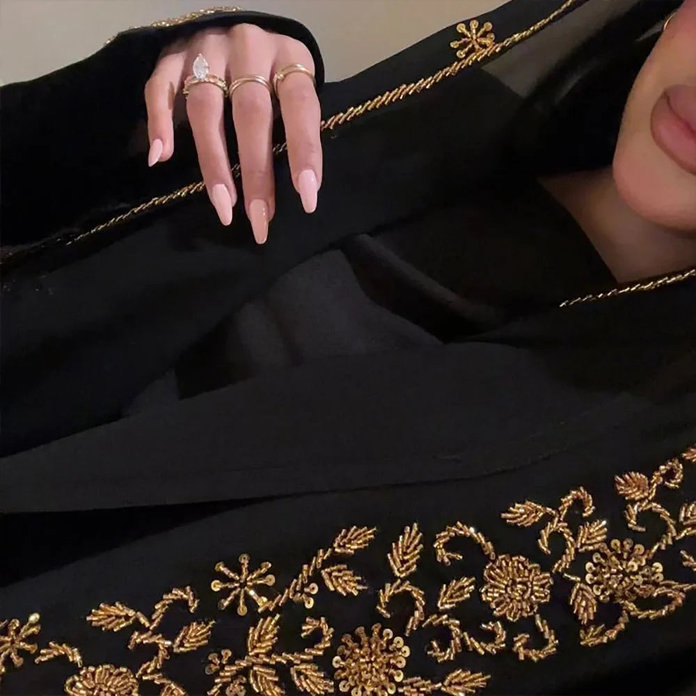 French Gold-Embellished Beaded Open Abaya