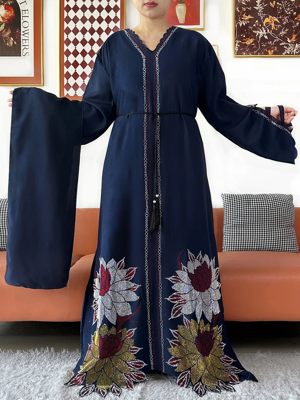 Chiffon Diamond Long Sleeve Abaya Dress