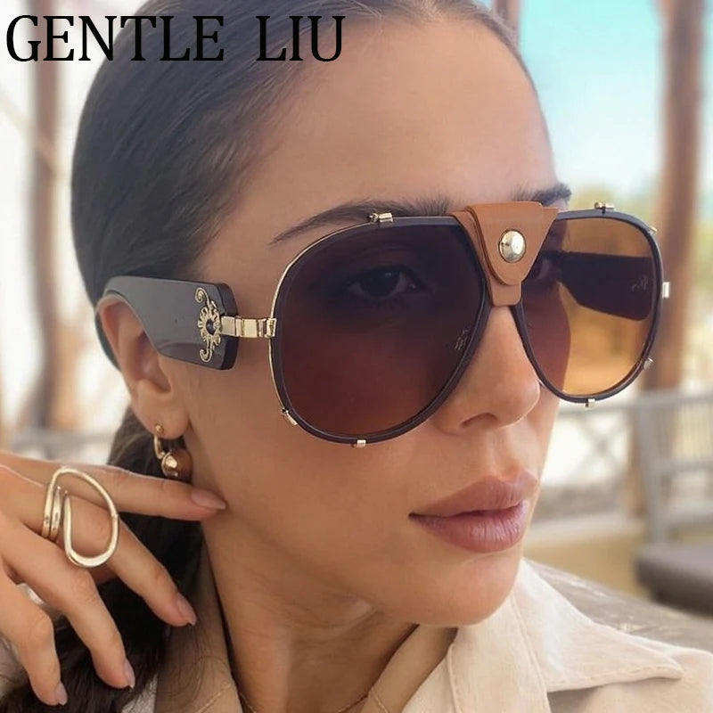 Vintage Oversized Steampunk Pilot Oval Sunglasses 2026 Luxury Brand Shield Sunglass Trendy Goggle Driving Eyewear Shades UV400