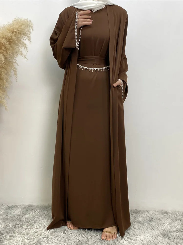 Crystal Chain Nida Black Abaya Evening Dress Set