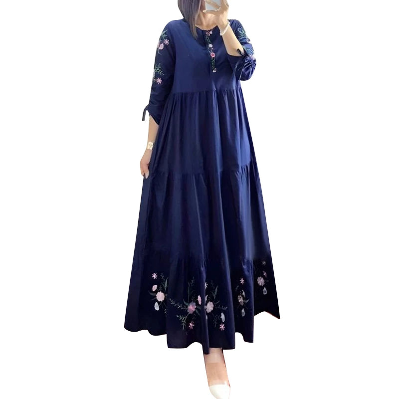 Floral Print 3/4 Sleeve Loose Kaftan Maxi Dress