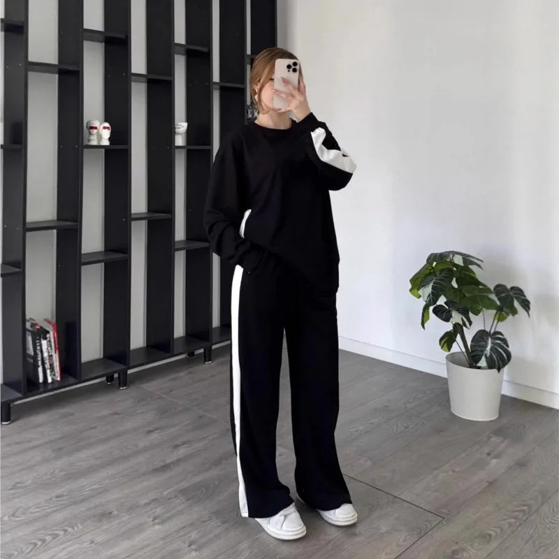 Women's Casual Color Matching Sports Two-piece Set Spring Autumn Fashion Round Neck Top+pants Suit With Slit Design Lady Outfit
