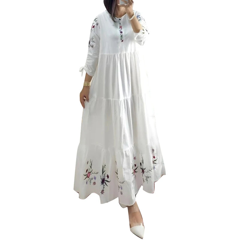 Floral Print 3/4 Sleeve Loose Kaftan Maxi Dress