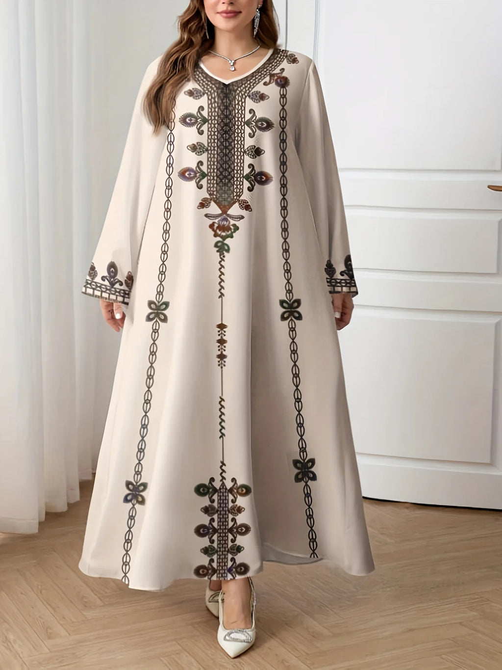 Plus Size Ethnic Print Long Sleeve Holiday Robe Dress