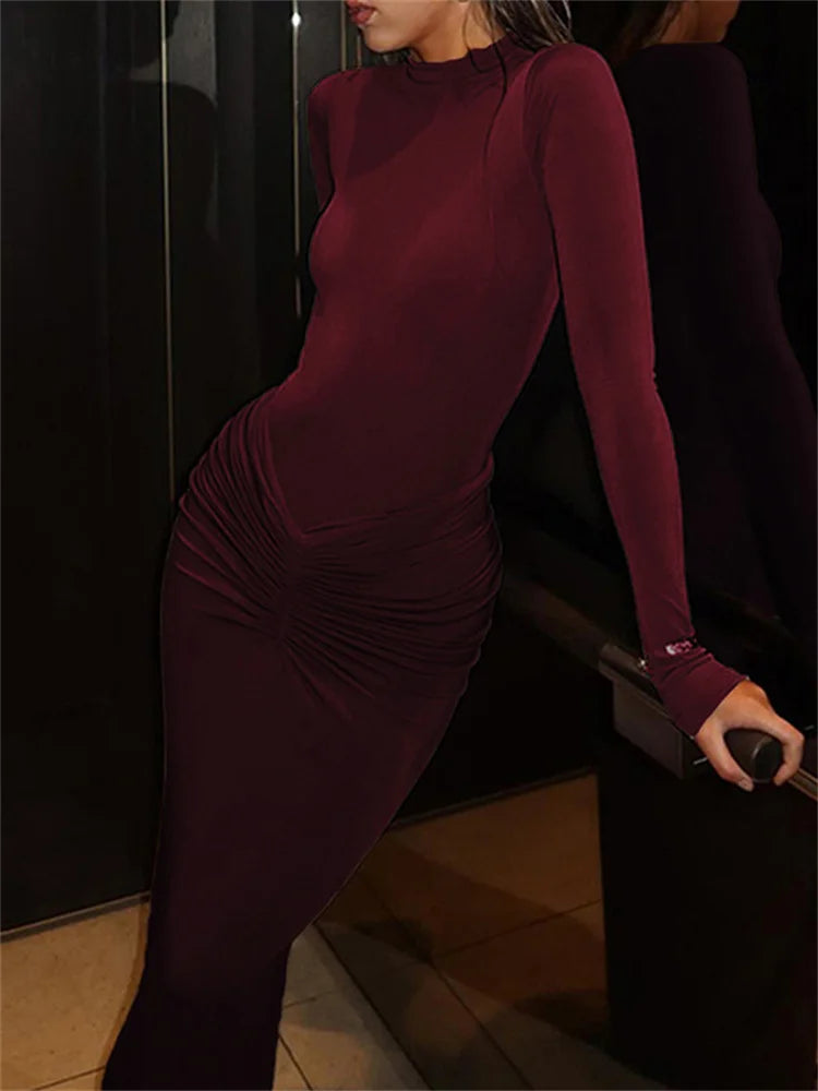 Long Sleeve Ruched Bodycon Maxi Dress