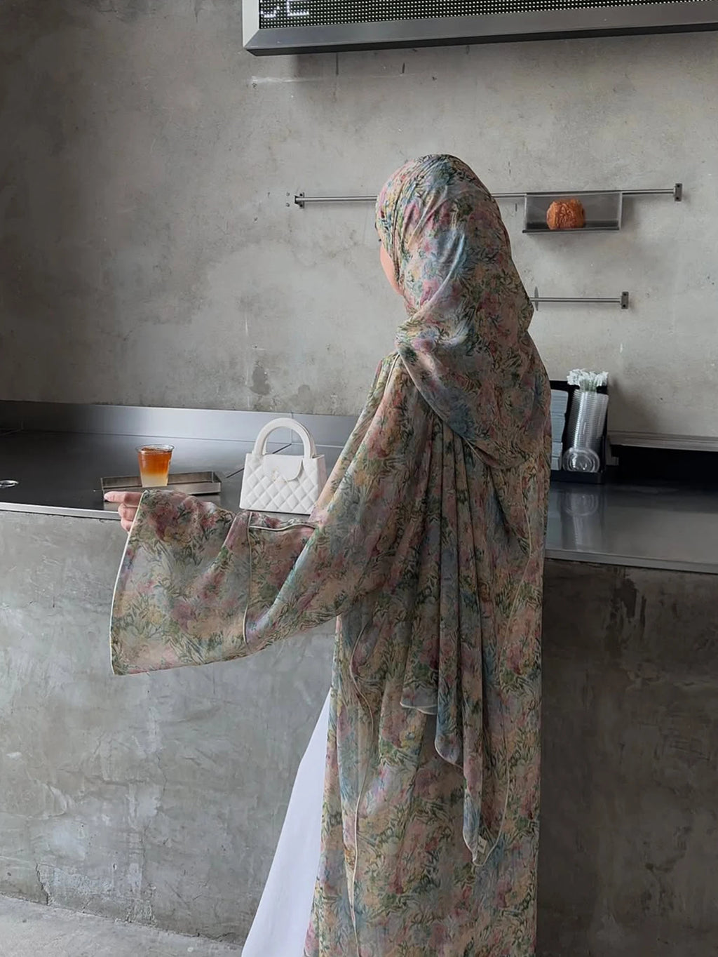 Floral Print Cardigan Abaya with Headscarf