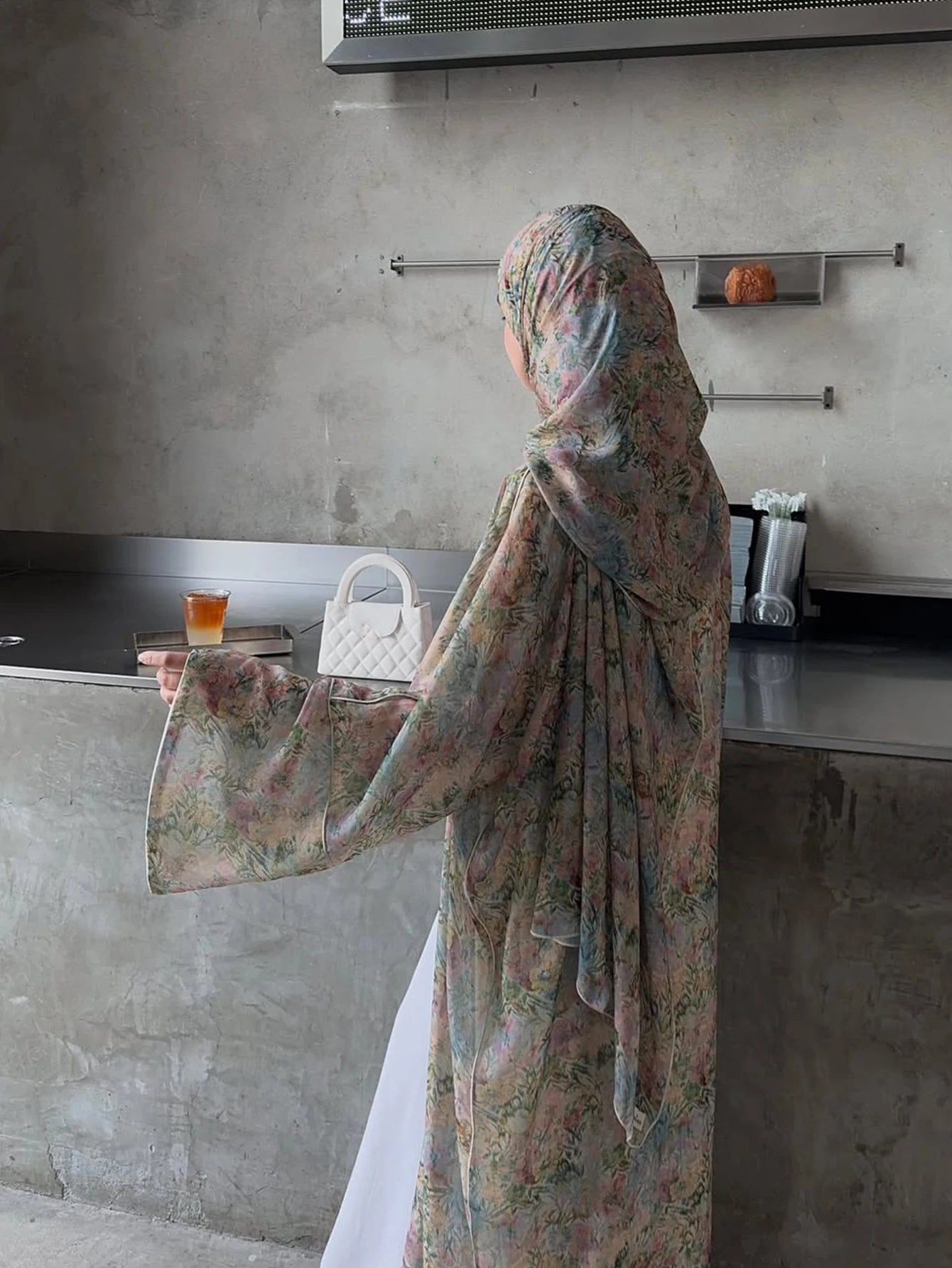 Floral Print Cardigan Abaya with Headscarf