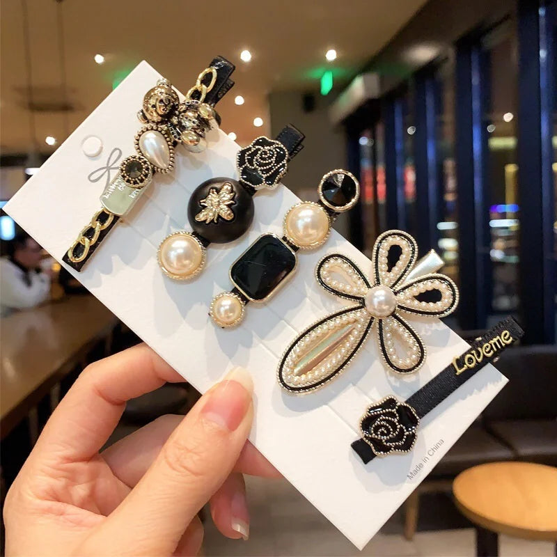 Handmade Pearl & Rhinestone Flower Hair Clips Set