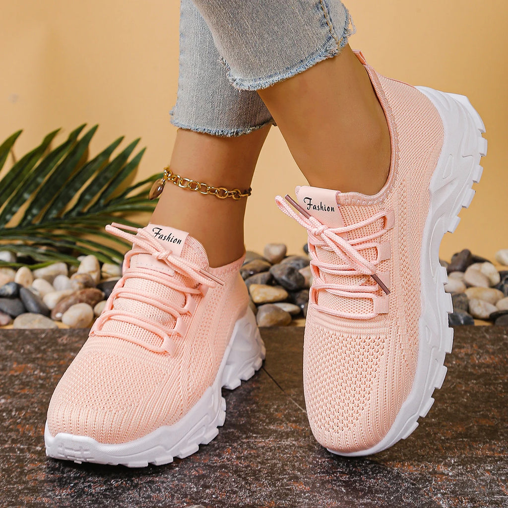 Women's Chunky Dad/Mom Sneakers 4cm Heightening Knit Mesh Breathable Non-Slip Lace Up Casual Athletic Trainers