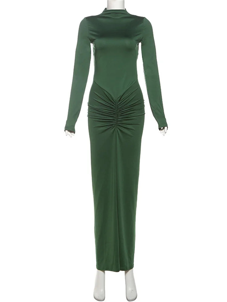 Long Sleeve Ruched Bodycon Maxi Dress