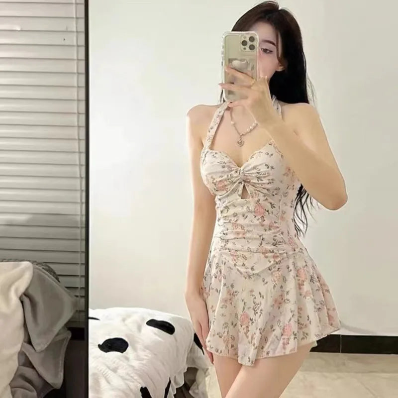 Women Korean Sexy One Piece Swimsuit Tummy Control Slimming High Waisted Bathing Suit Hot Spring Beachwear Elegant Swimsuit