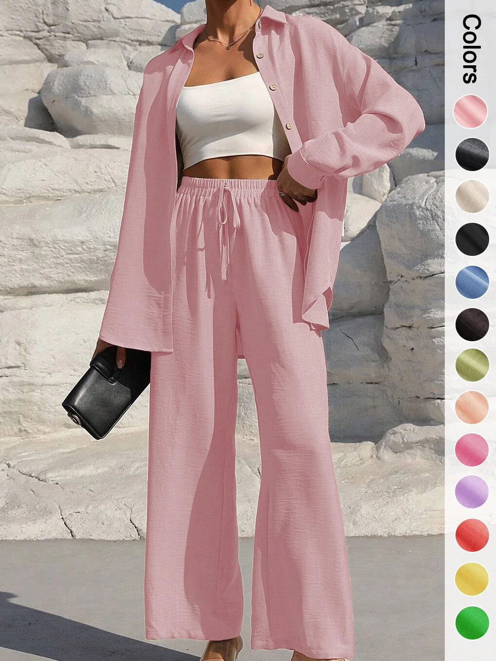 Button Shirt & Wide Leg Pants Two-Piece Set