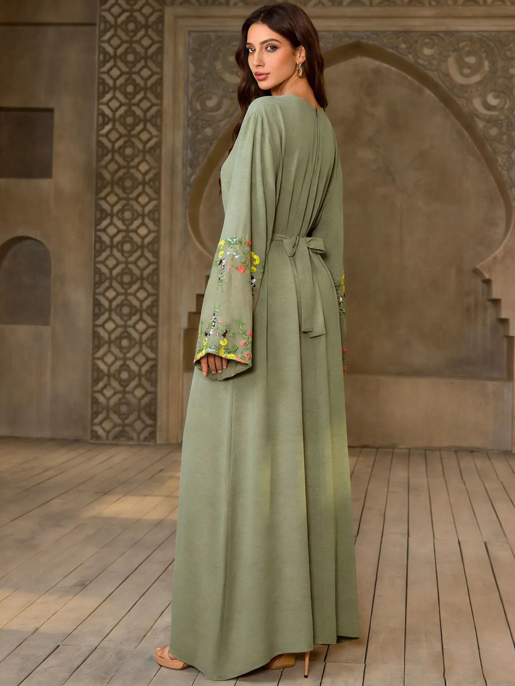 Olive Green Floral Sleeve Embroidered Abaya