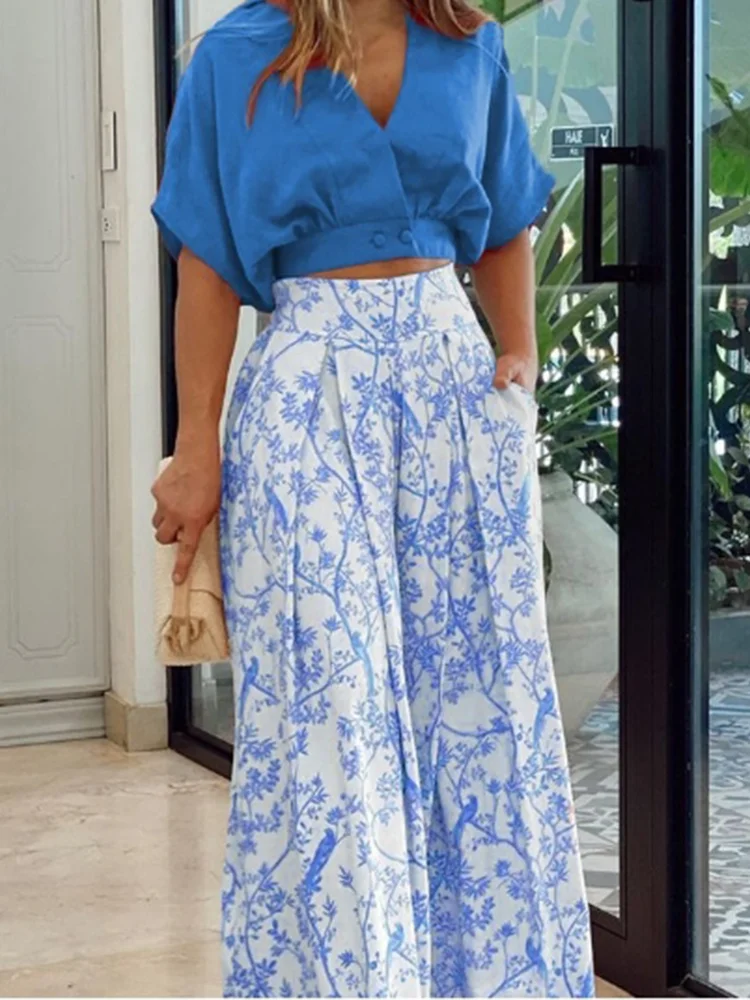 Floral Print V-Neck Top & Wide Leg Pants Set