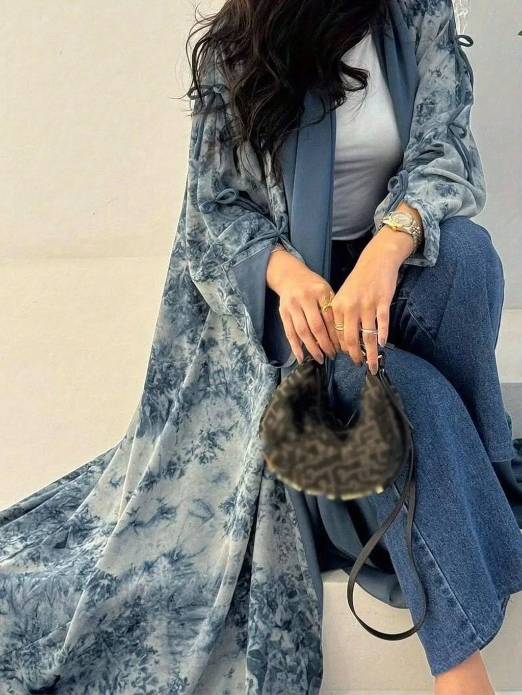 Tie Dye Loose Open-Front Kaftan Abaya Maxi Dress