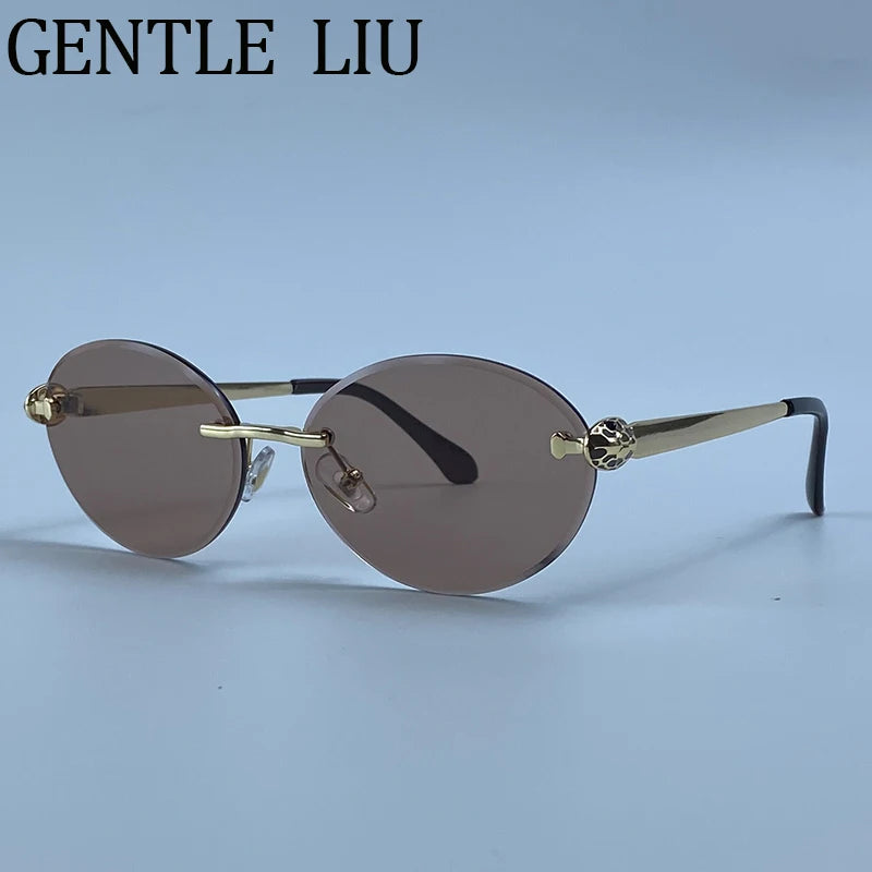 Steampunk Oval Rimless Sunglasses Women 2026 Luxury Brand Vintage Leopard Head Metal Frame Sun Glasses For Lady Driving Eyewear